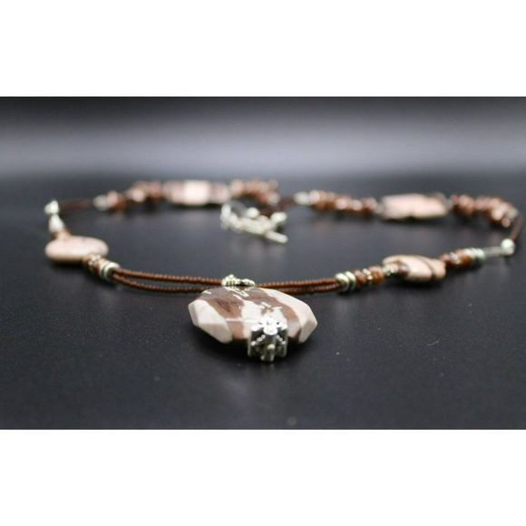 Unique Long Jasper Pendant Necklace Brown White Copper Silver Tone Toggle Clasp - Picture 2 of 6